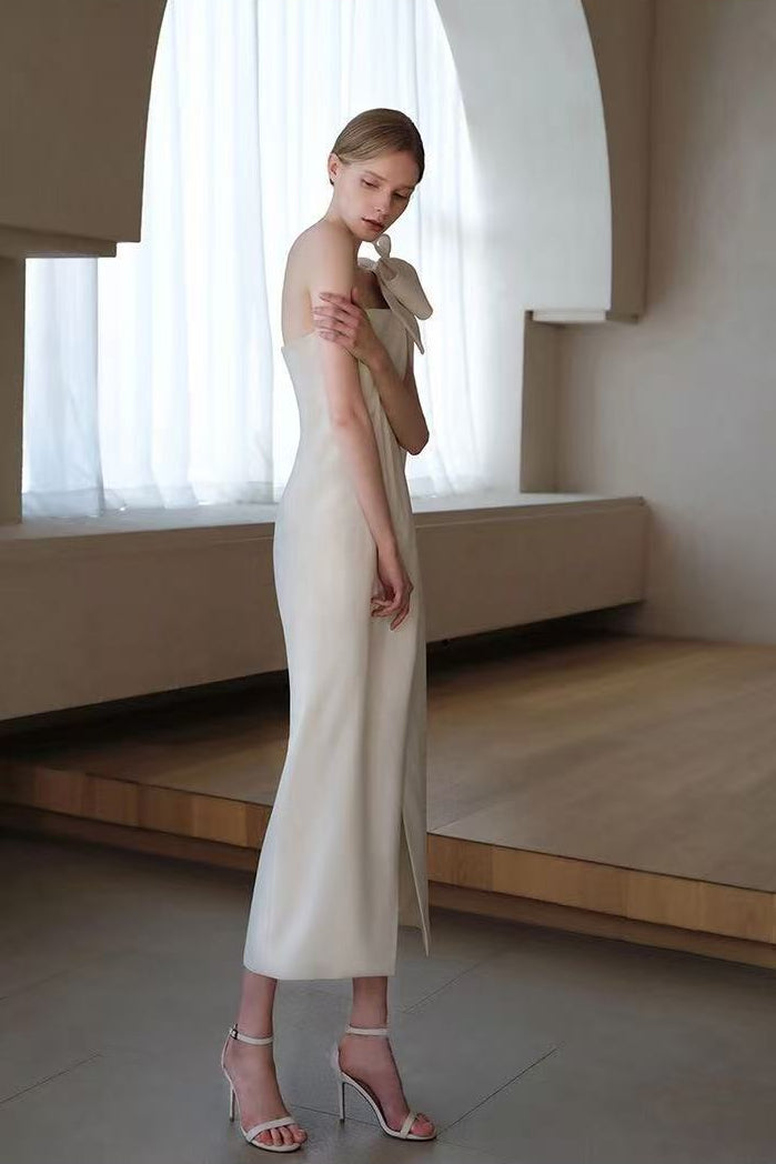ESTELLE WHITE OFF-SHOULDER SATIN MIDI BOW DRESS