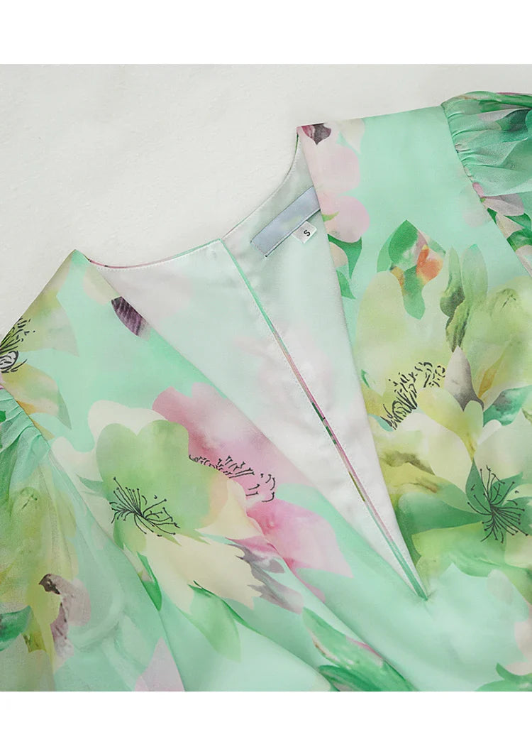 V-NECK FLORAL CHIFFON MAXI DRESS GREEN