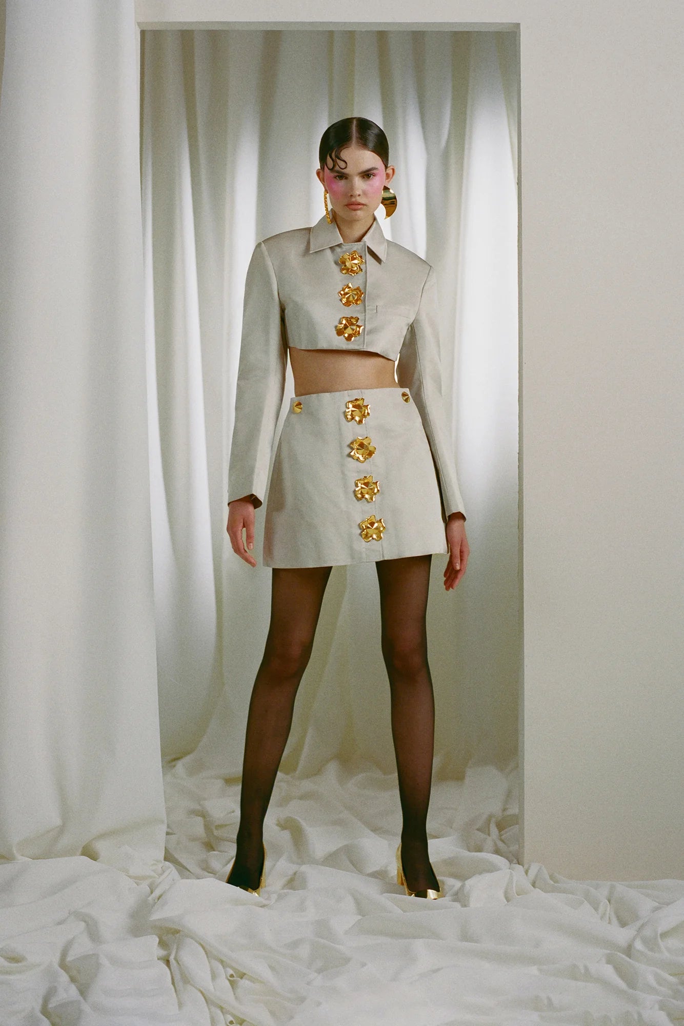 ODELETTE BEIGE BLAZER SKIRT SET, METAL BUTTONS, OFFICE WEAR