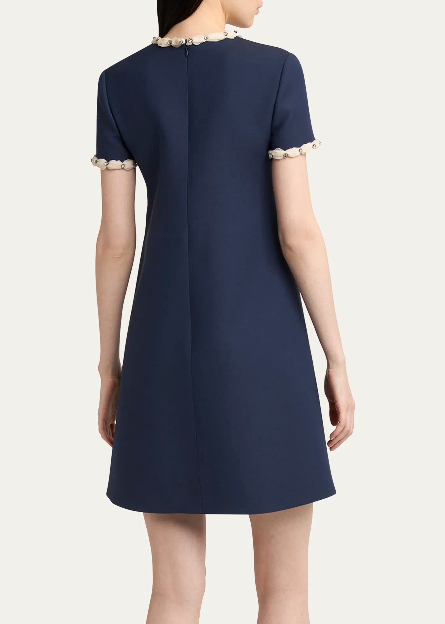 NAVY RHINESTONE EMBROIDERED CREPE MINI DRESS