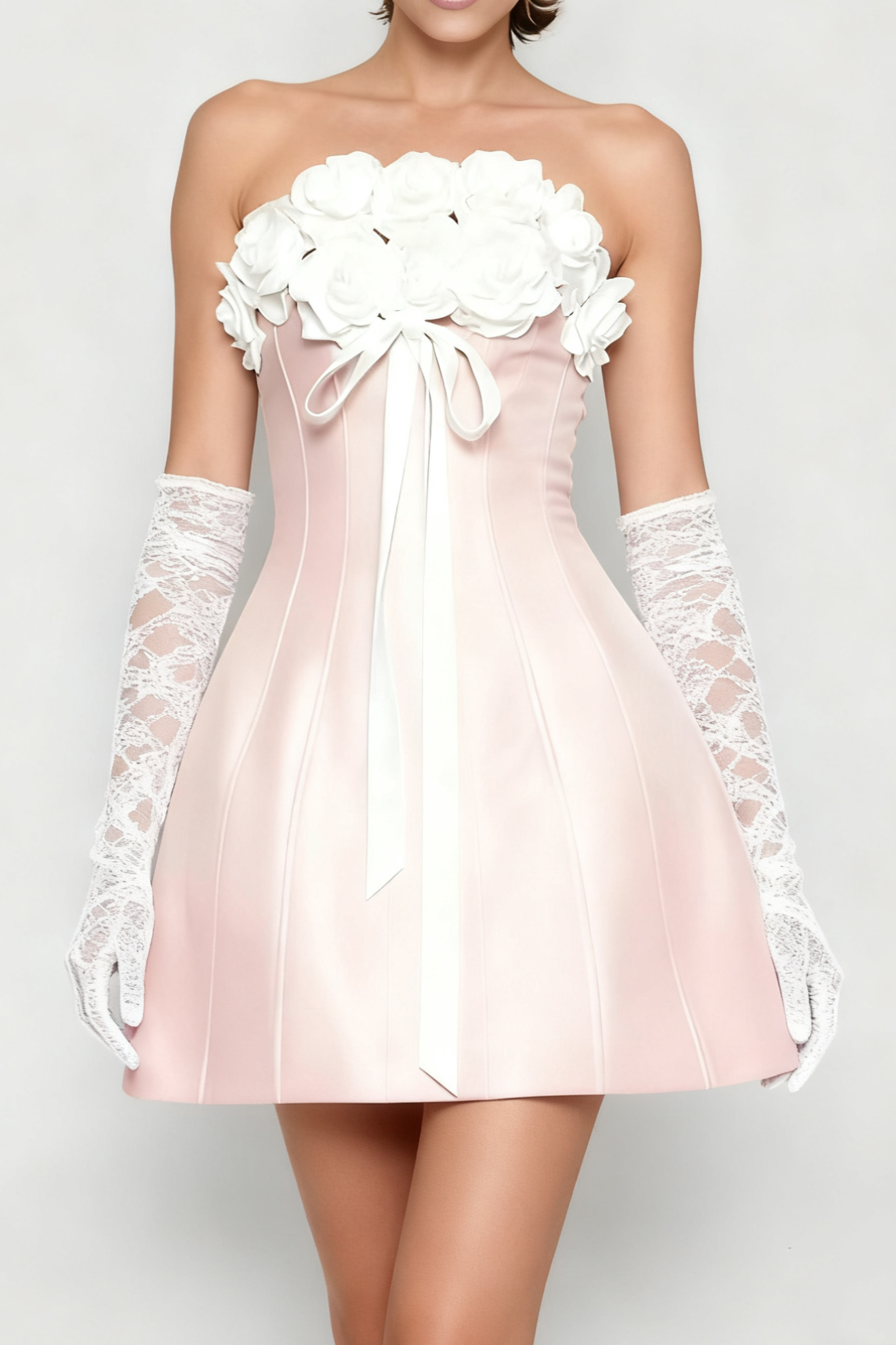 GLADYS STRAPLESS PINK 3D FLORAL CORSET A-LINE DRESS