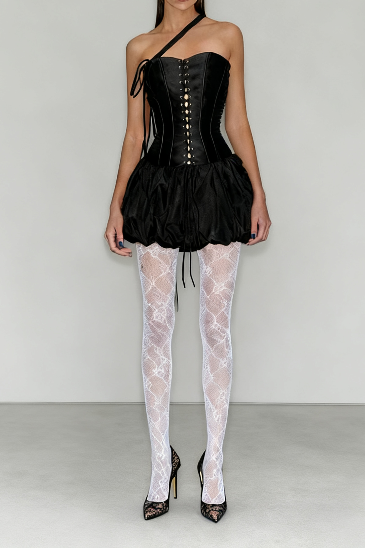 GOTHIC LACE-UP ASYMMETRIC BANDEAU TULIP MINI DRESS