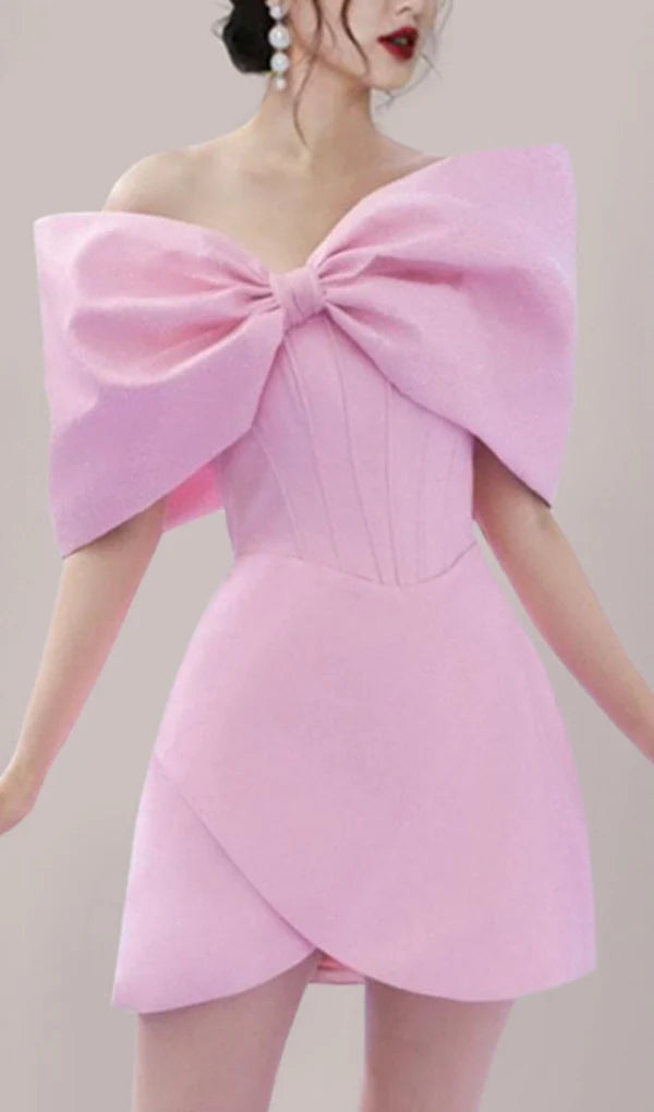 PINK OFF-SHOULDER BOW CORSET MINI DRESS