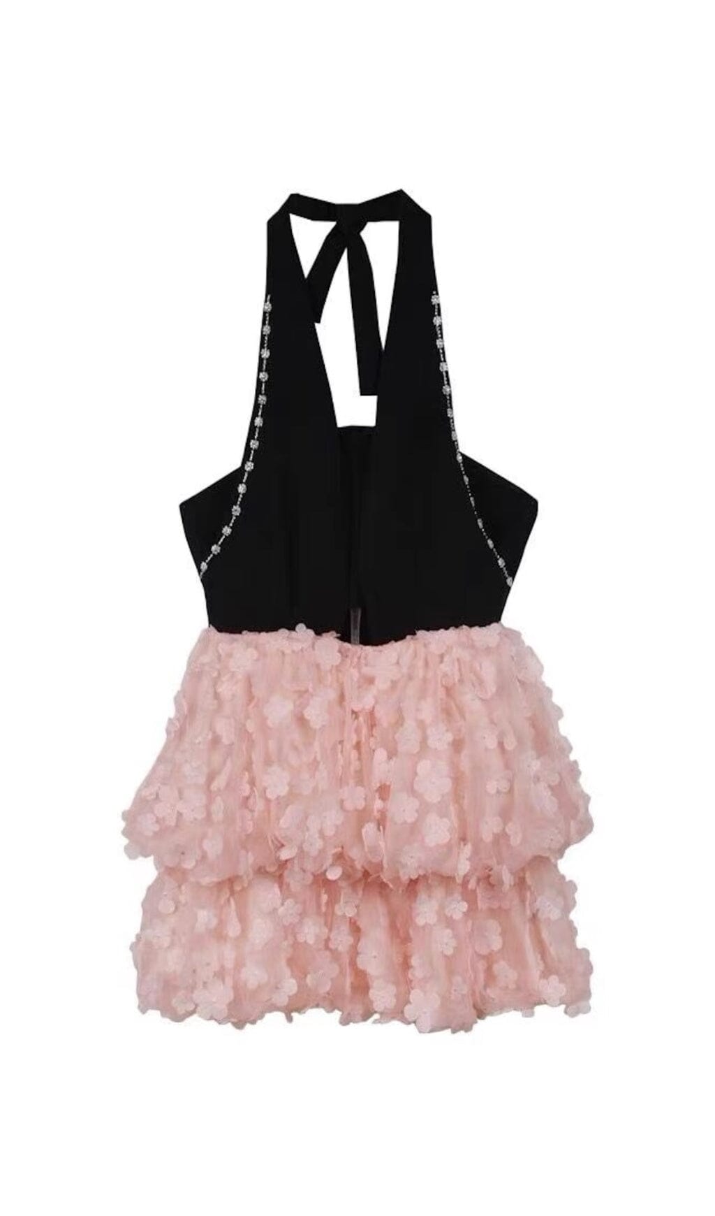 BLACK SLEEVELESS HALTER FLORAL PARTY DRESS