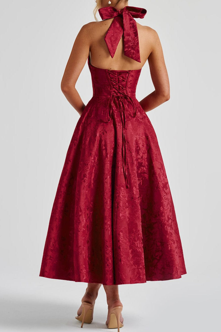EFFIE RED MIDI DRESS WITH BACK BOW FOR WEDDING