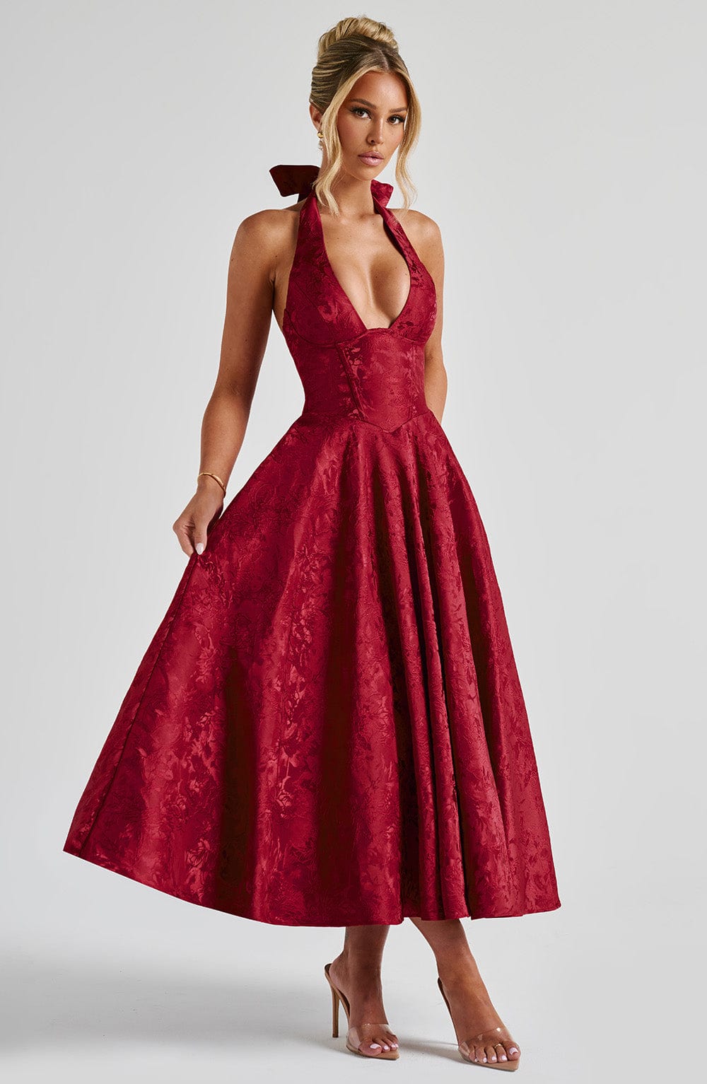 EFFIE RED MIDI DRESS WITH BACK BOW FOR WEDDING