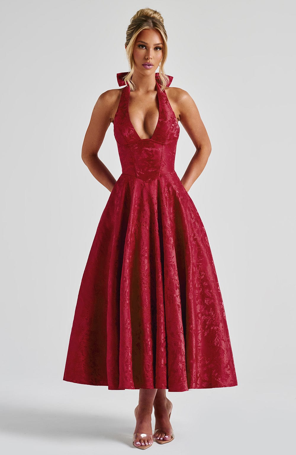 EFFIE RED MIDI DRESS WITH BACK BOW FOR WEDDING