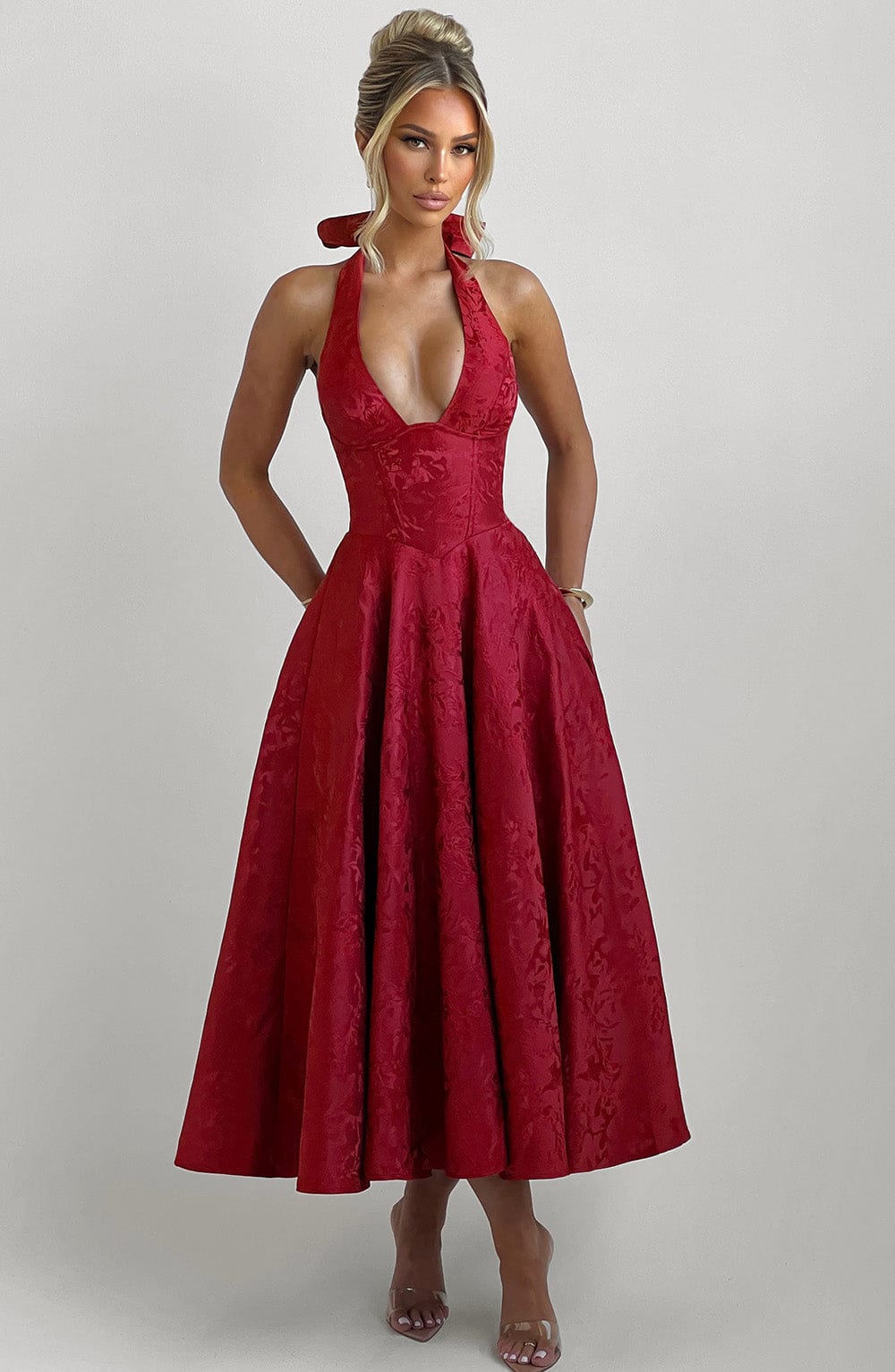 EFFIE RED MIDI DRESS WITH BACK BOW FOR WEDDING