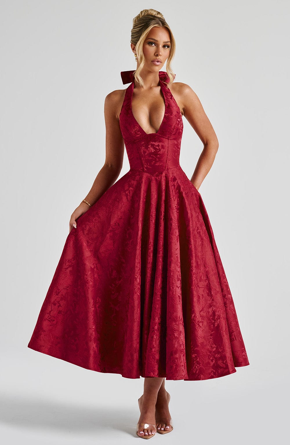 EFFIE RED MIDI DRESS WITH BACK BOW FOR WEDDING