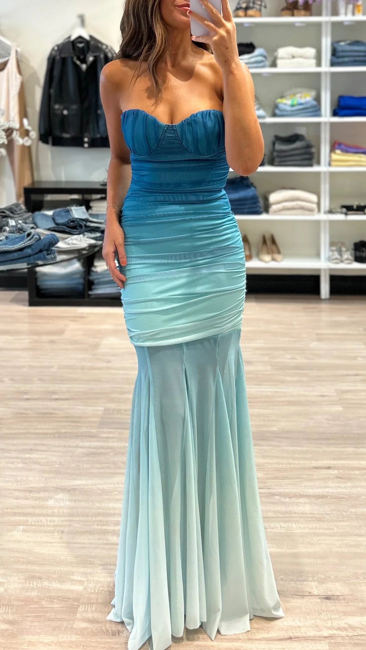 GRADIENT MESH SPLICING BODYCON STRAPLESS MAXI DRESS BLUE