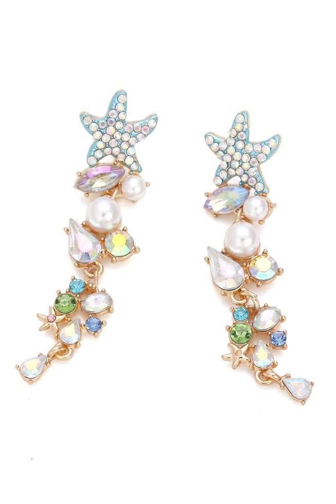 ENAMEL STARFISH DROP EARRINGS - PEARL CRYSTAL PARTY