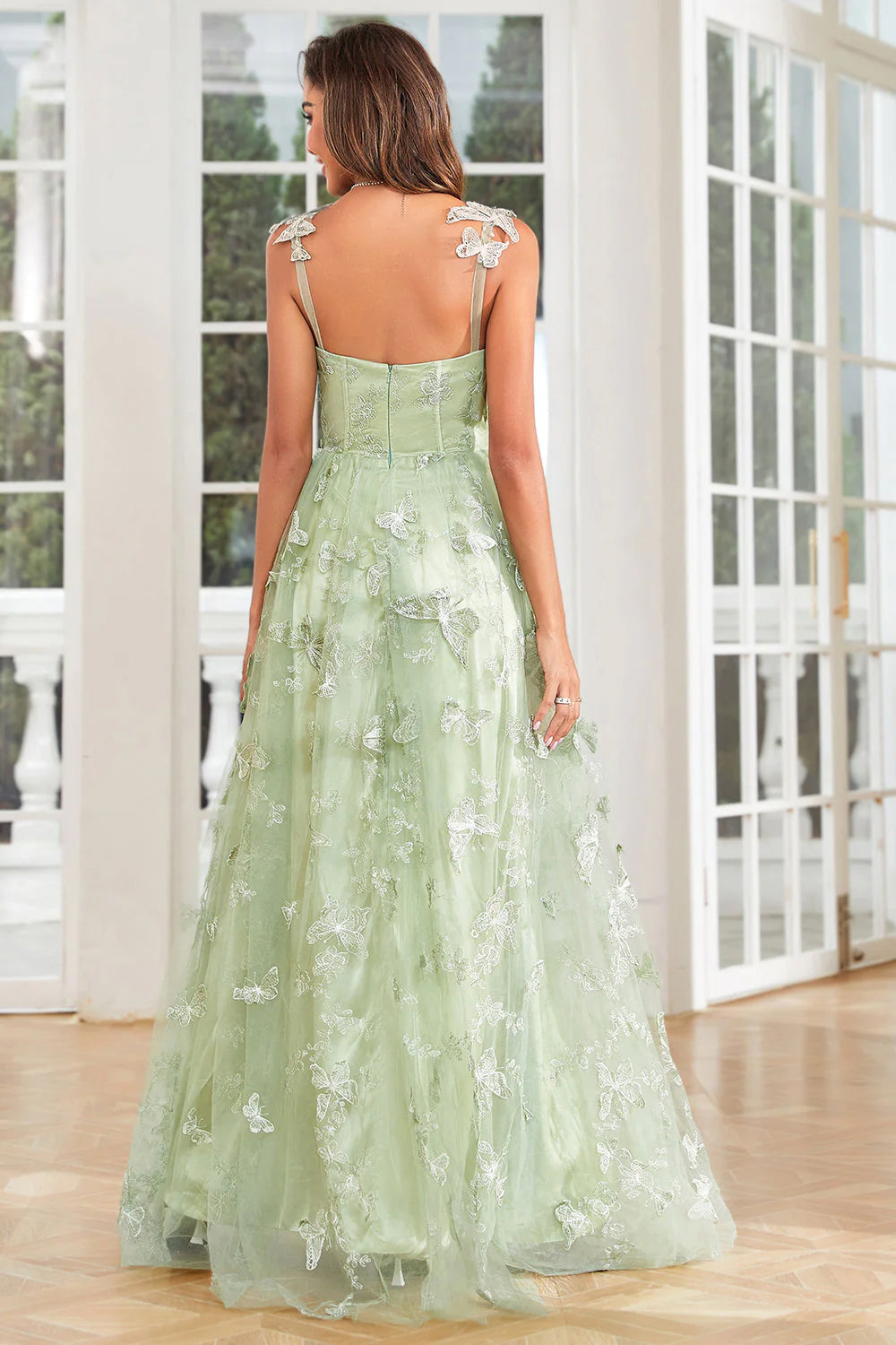 A-LINE GREEN CORSET TULLE PROM DRESS WITH 3D BUTTERFLIES SPLIT