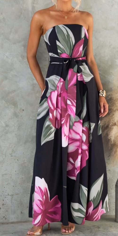 Black Strapless Floral Print Maxi Dress with Belt Black Strapless Floral Print Maxi Dress with Belt