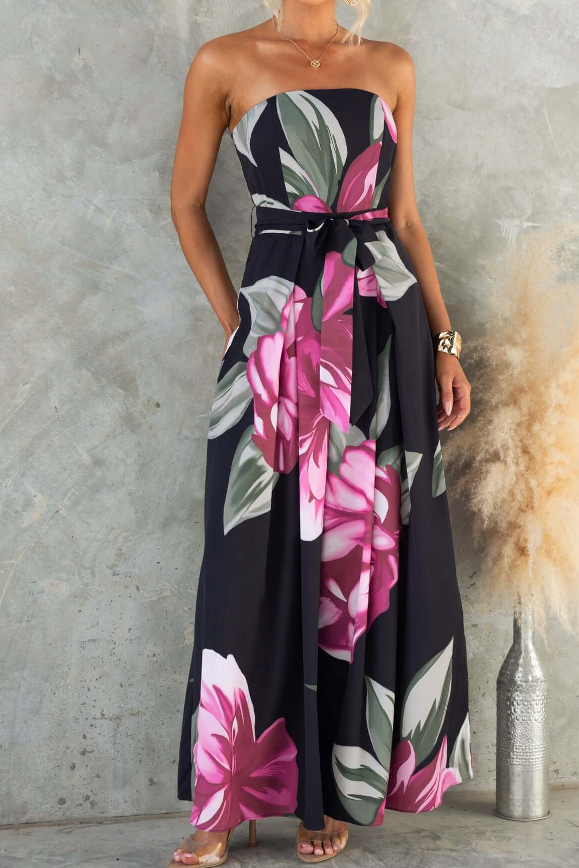 Black Strapless Floral Print Maxi Dress with Belt