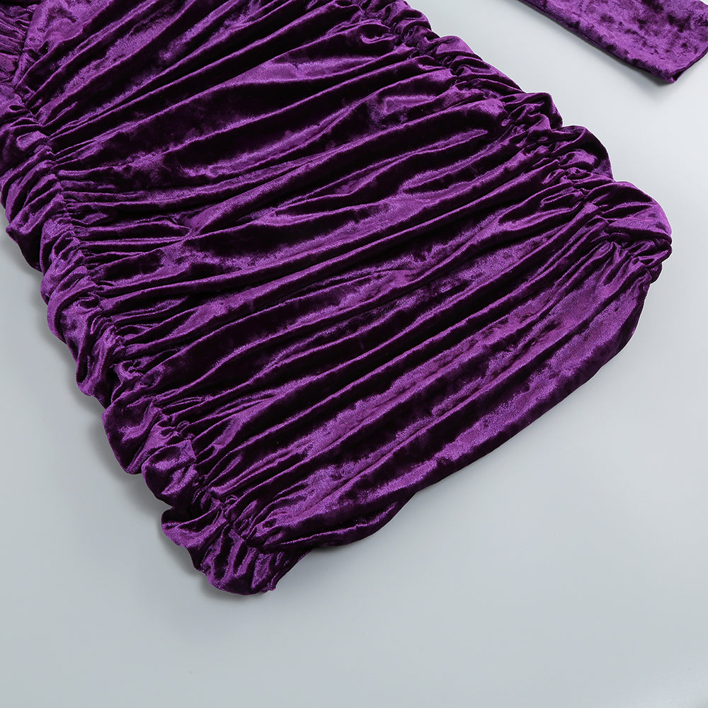 PURPLE VELVET V-NECK RUCHED MINI DRESS FOR PARTY