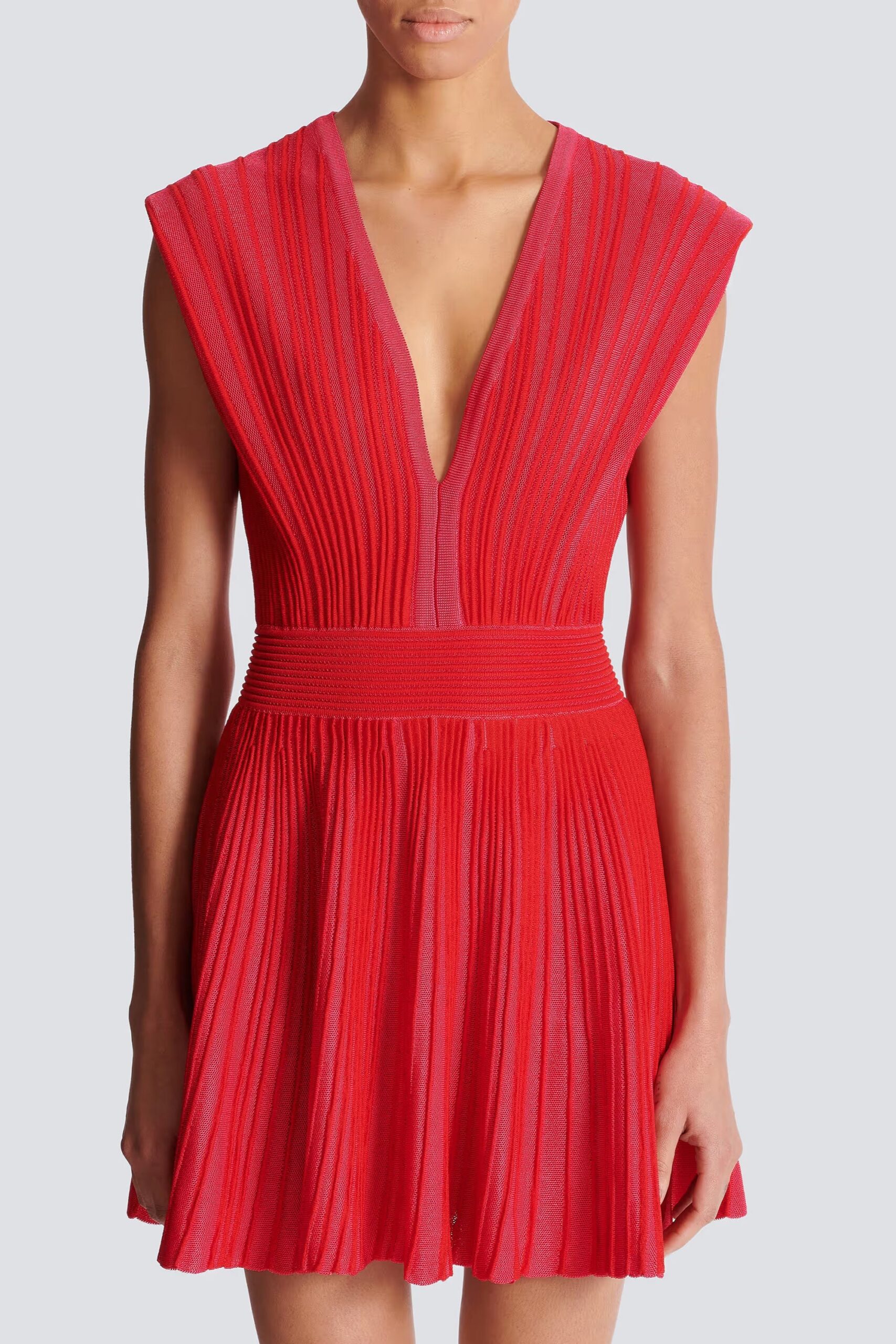 V-NECK SLEEVELESS FLARE KNIT RED PARTY DRESS