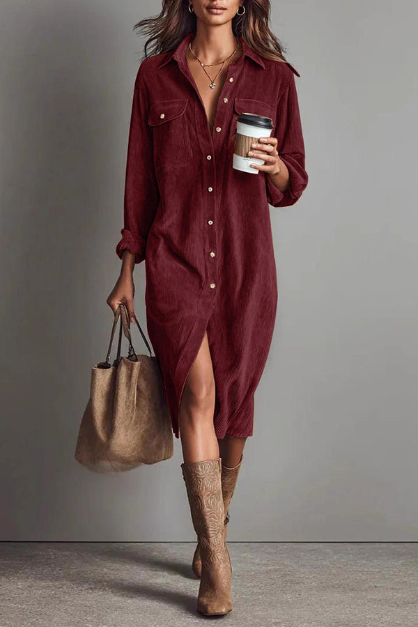 SOLID SINGLE-BREASTED SHIRT MIDI DRESS CASUAL