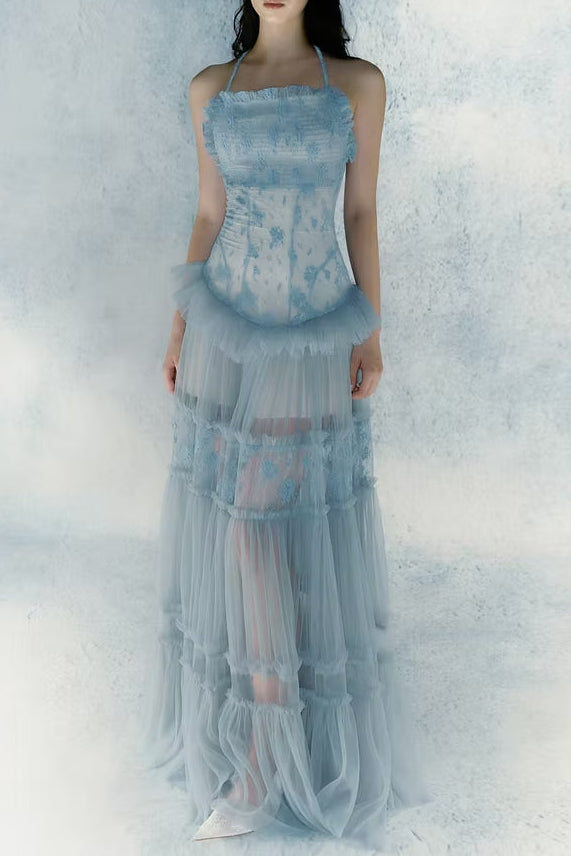 HERMOSA BLUE LACE SPLICING MAXI DRESS
