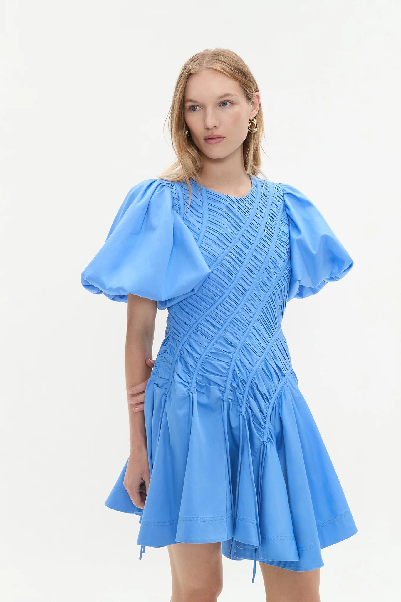 EUDRIA ASYMMETRIC PUFF SLEEVE MINI DRESS IN MIST BLUE