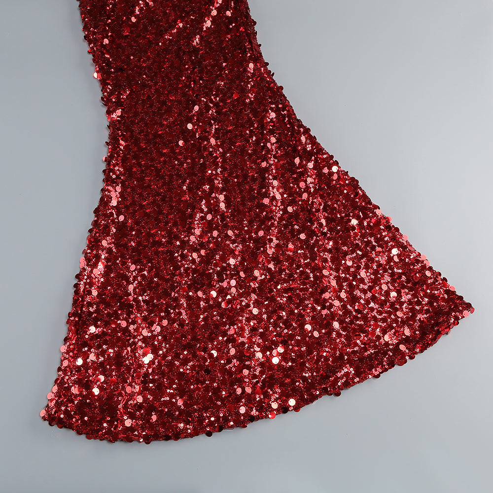 SEQUIN RED MAXI DRESS, SLEEVELESS EVENING GOWN