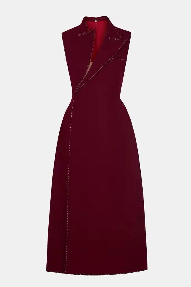 ASYMMETRIC COLLAR RED MIDI BLAZER DRESS