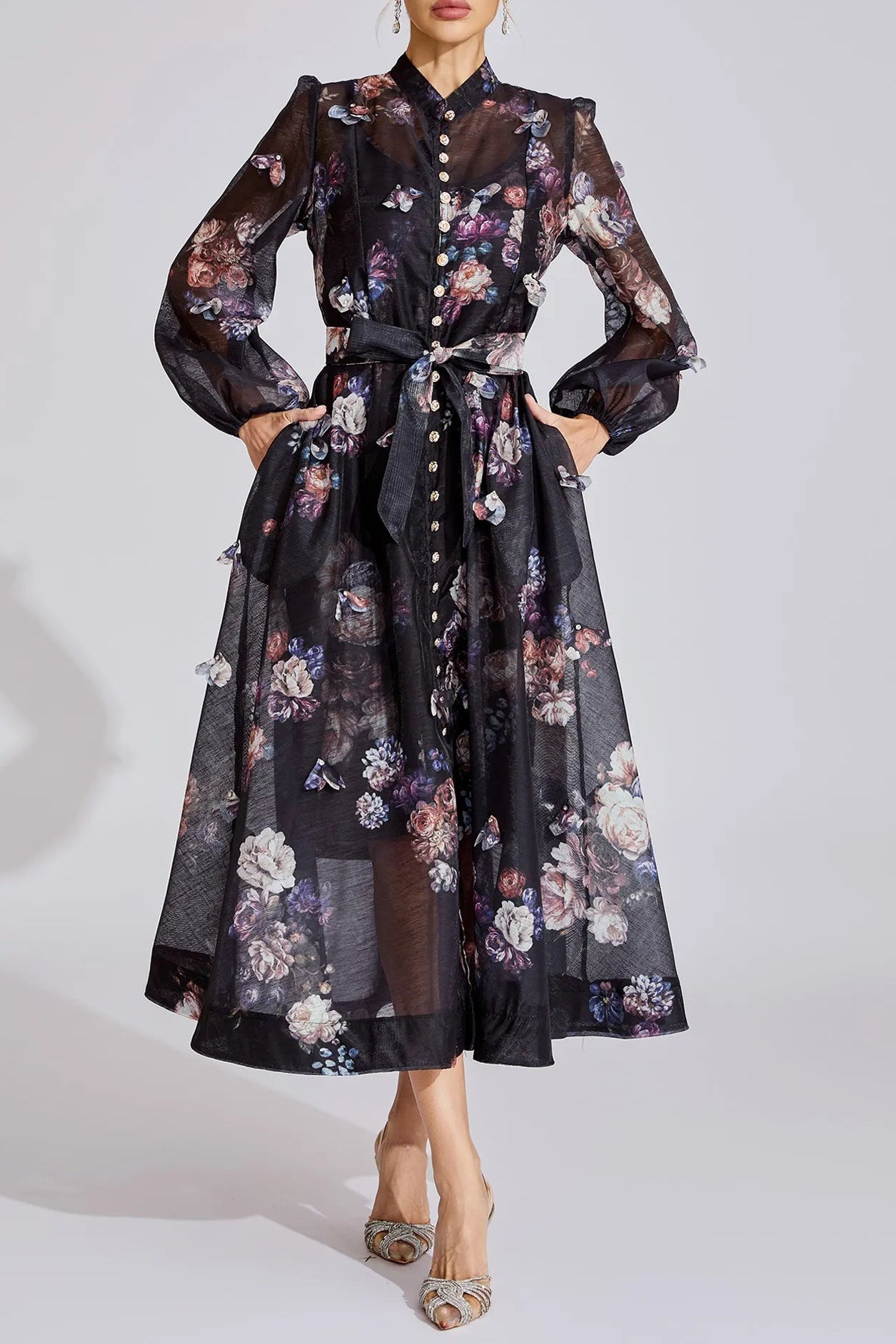 TIFFANY BLACK FLORAL PUFF SLEEVE MAXI DRESS