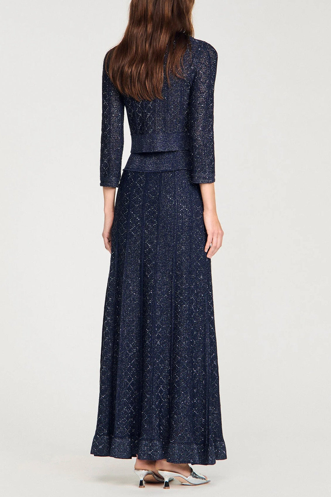 NAVY RHINESTONE KNIT MAXI SKIRT FOR EVENING