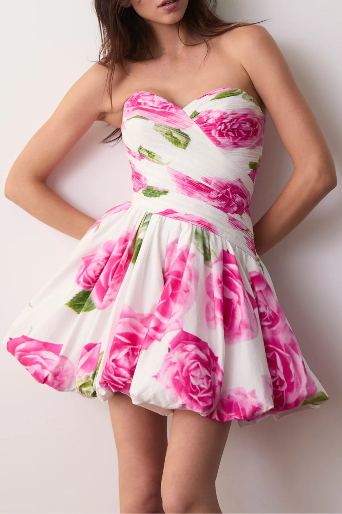 ROSE BUBBLE HEM STRAPLESS MINI DRESS FOR PARTY