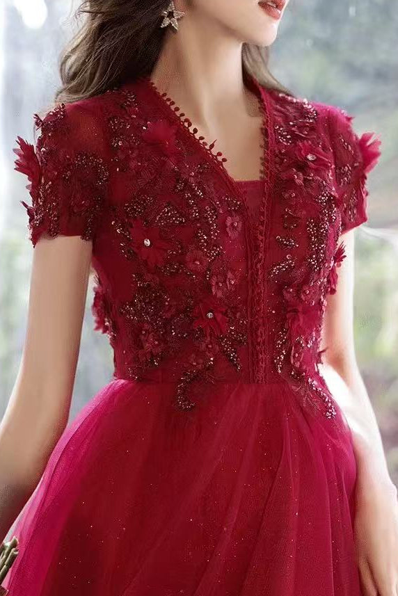3D FLORAL LACE TULLE EVENING GOWN, FLOOR-LENGTH