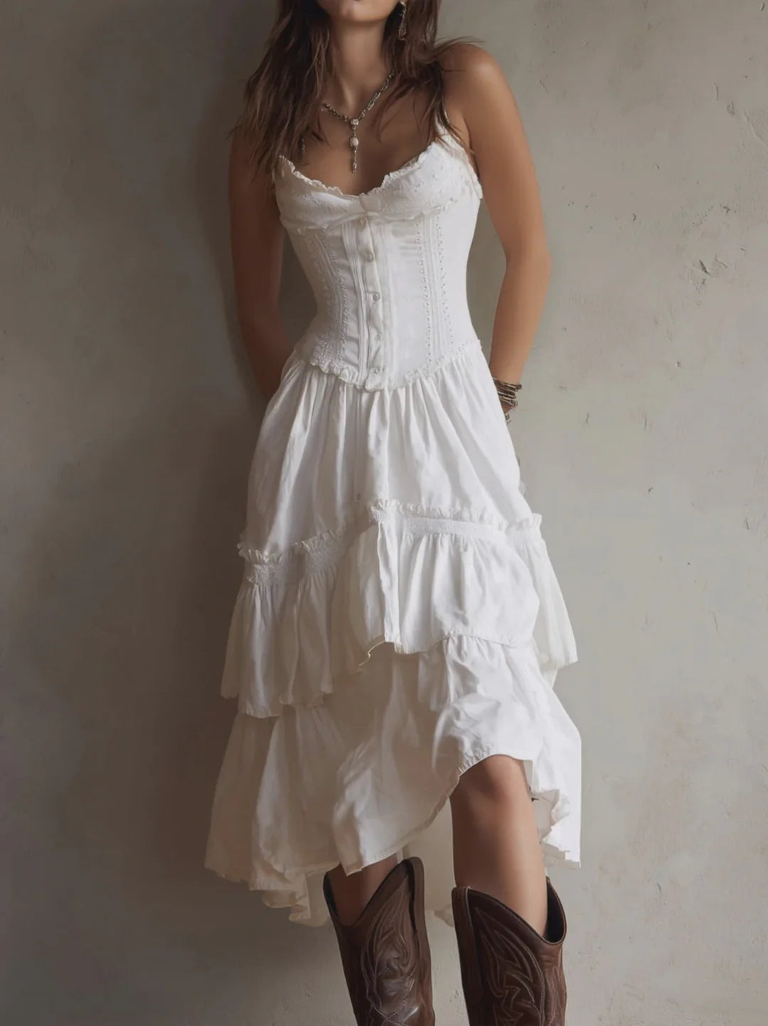 CORSET LACE TIERED MIDI DRESS, ROMANTIC PARTY