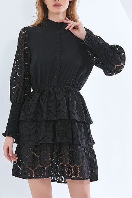VANESSA BLACK LACE MINI DRESS, LONG SLEEVE