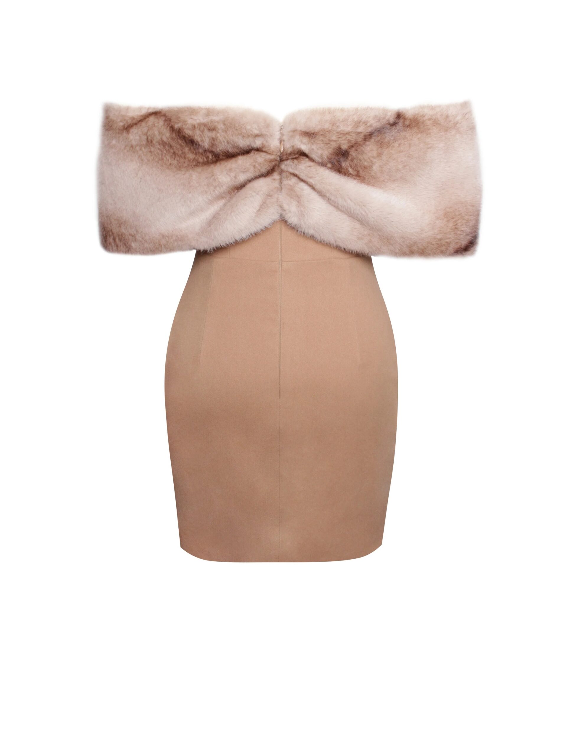 TURMERIC OFF-SHOULDER FUR TRIM MINI DRESS