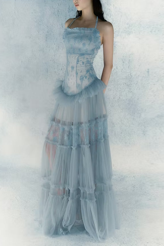 HERMOSA BLUE LACE SPLICING MAXI DRESS