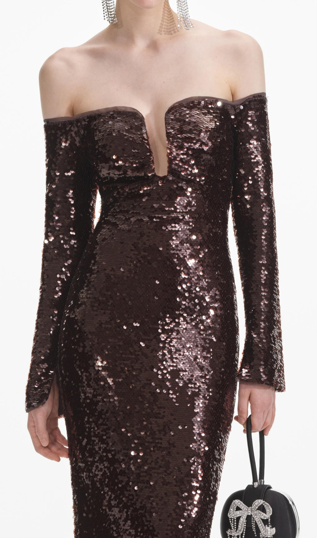 LONG SLEEVE SEQUIN MAXI DRESS BROWN FORMAL