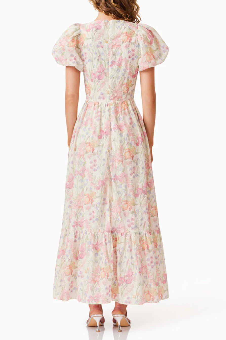 V-NECK PUFF SLEEVE FLORAL MAXI DRESS PINK