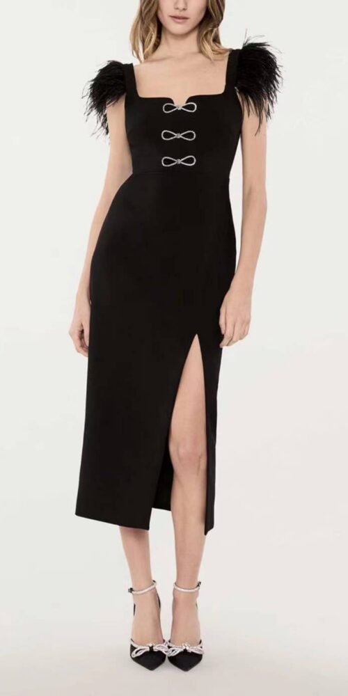 Feather Trim Bandage midi dress