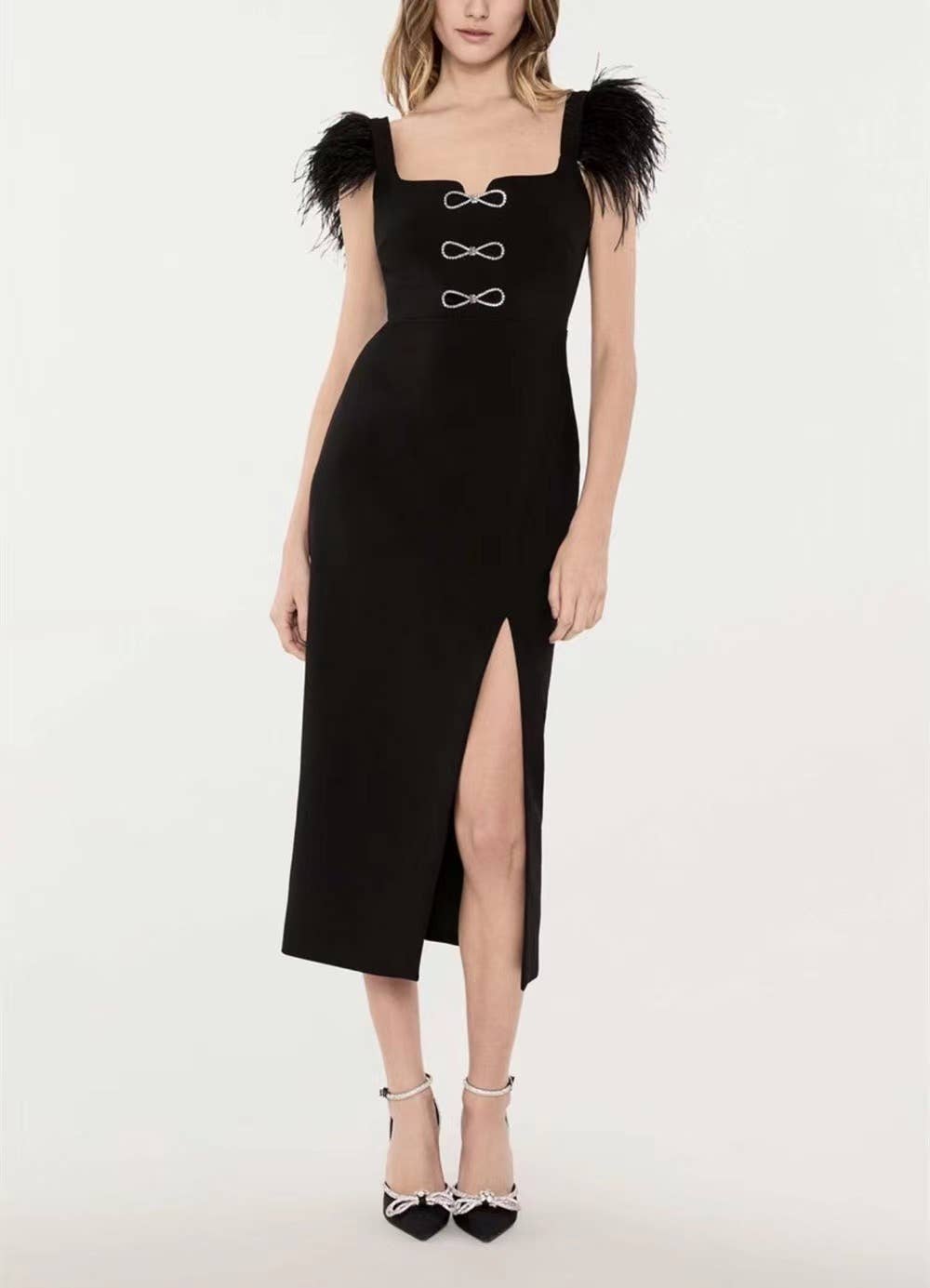 f2d80dabe51843d12b7949122a5d2498bd5c3508a4e371918a928c4839fece65 FEATHER TRIM BANDAGE MIDI PARTY DRESS