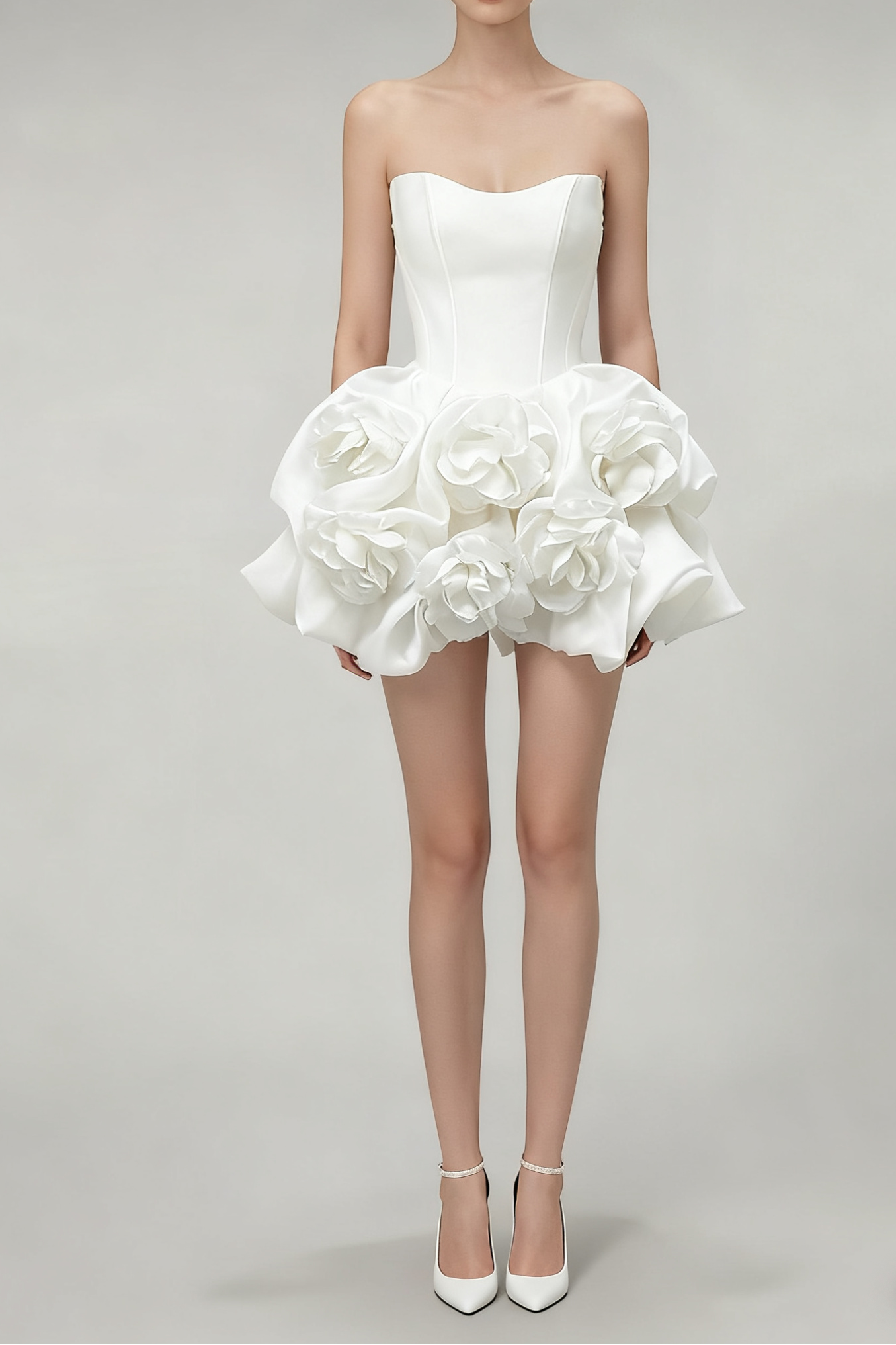 FLORAL LACE STRAPLESS MINI WHITE WEDDING DRESS