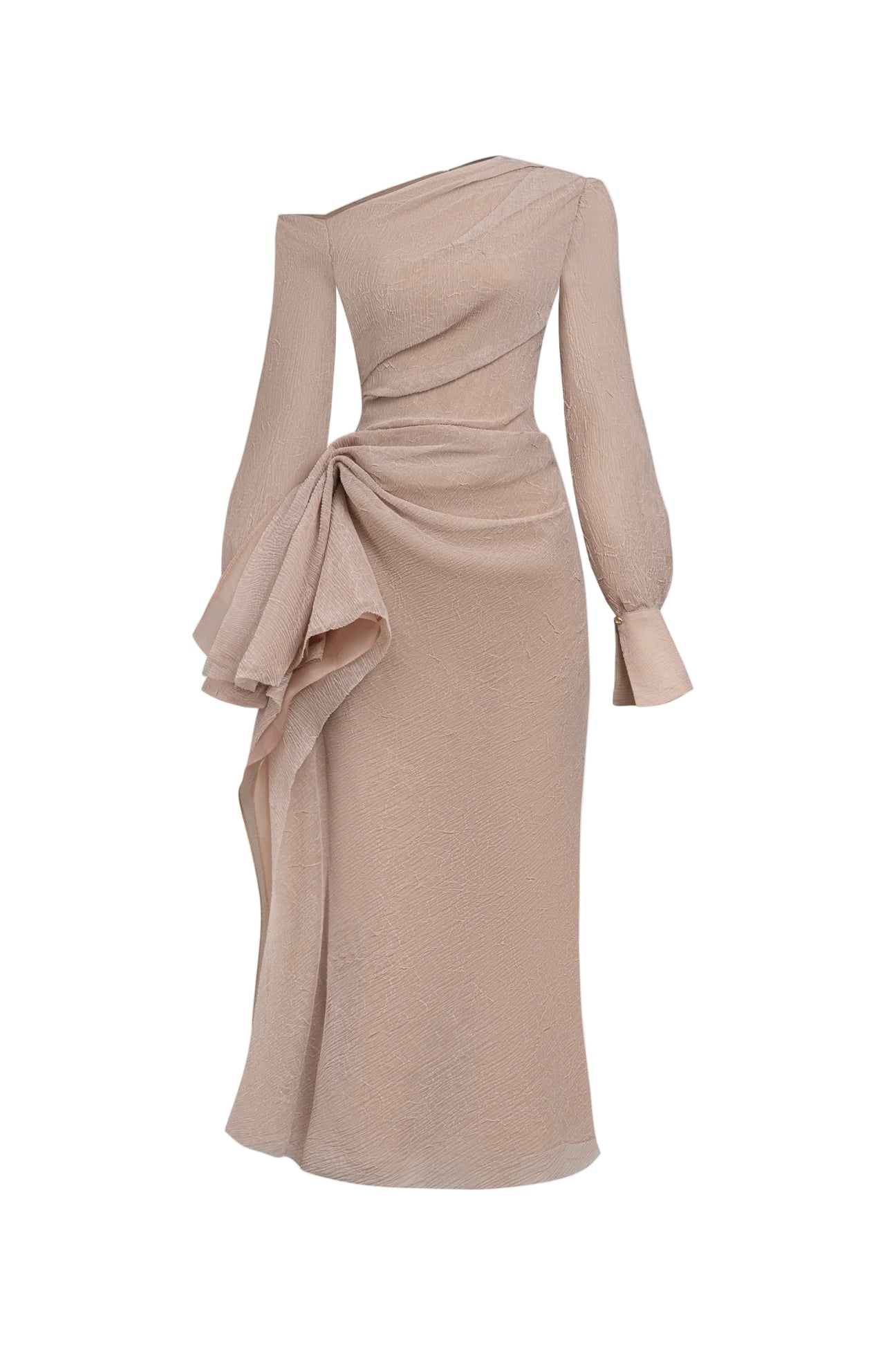 BRIANNA ASYMMETRIC PLEATED MAXI DRESS IN BEIGE