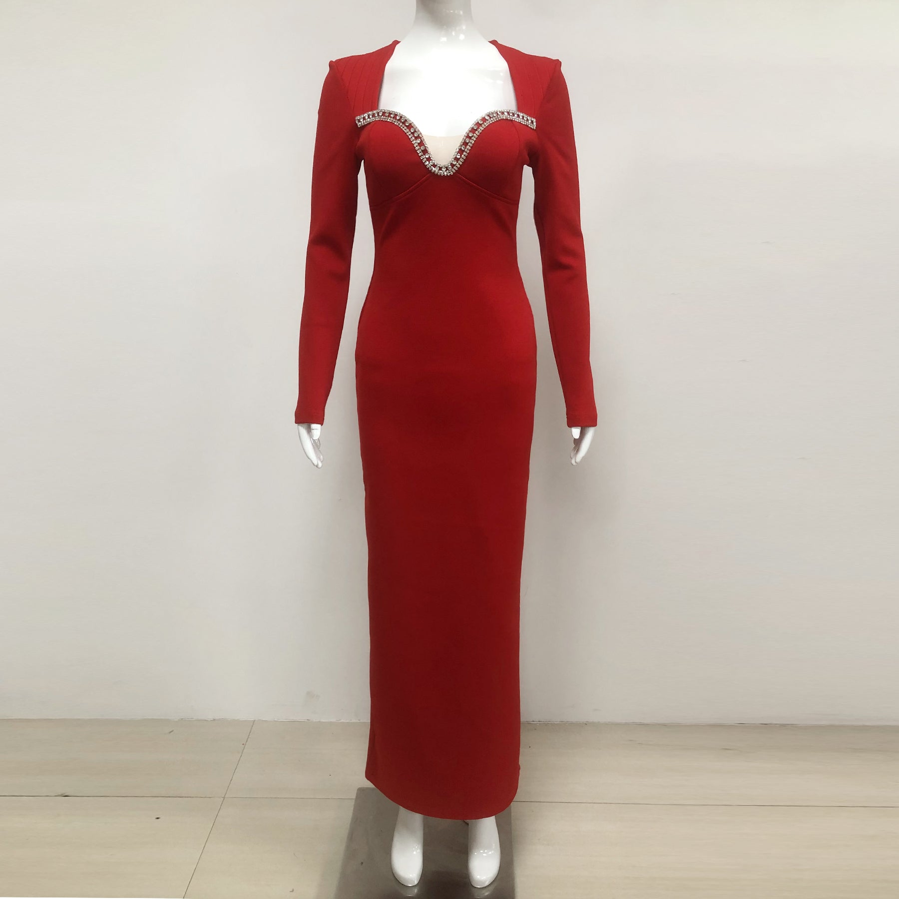 SYLVIA CRYSTAL MAXI DRESS, RED, LONG SLEEVE FORMAL
