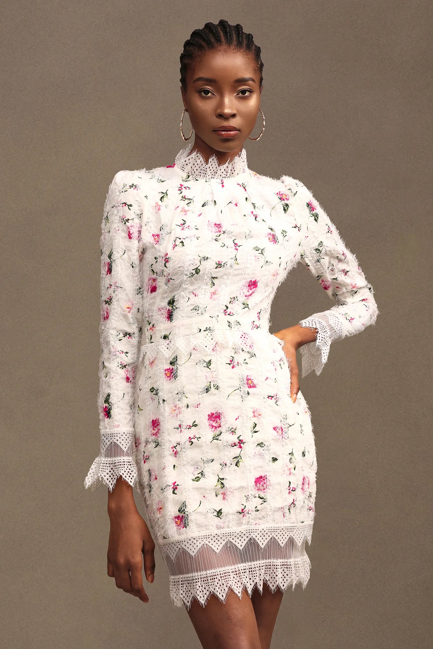 SEBASTIANE WHITE LACE-TRIM FLORAL MIDI DRESS