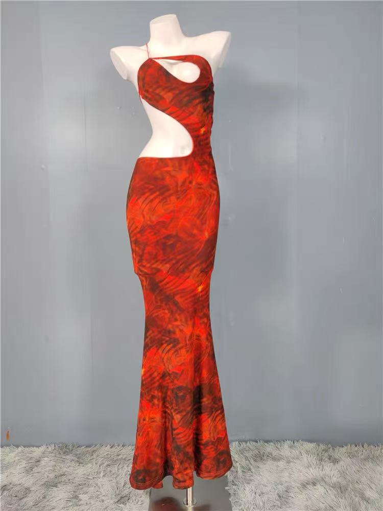 CUT OUT PRINTED MAXI DRESS ORANGE