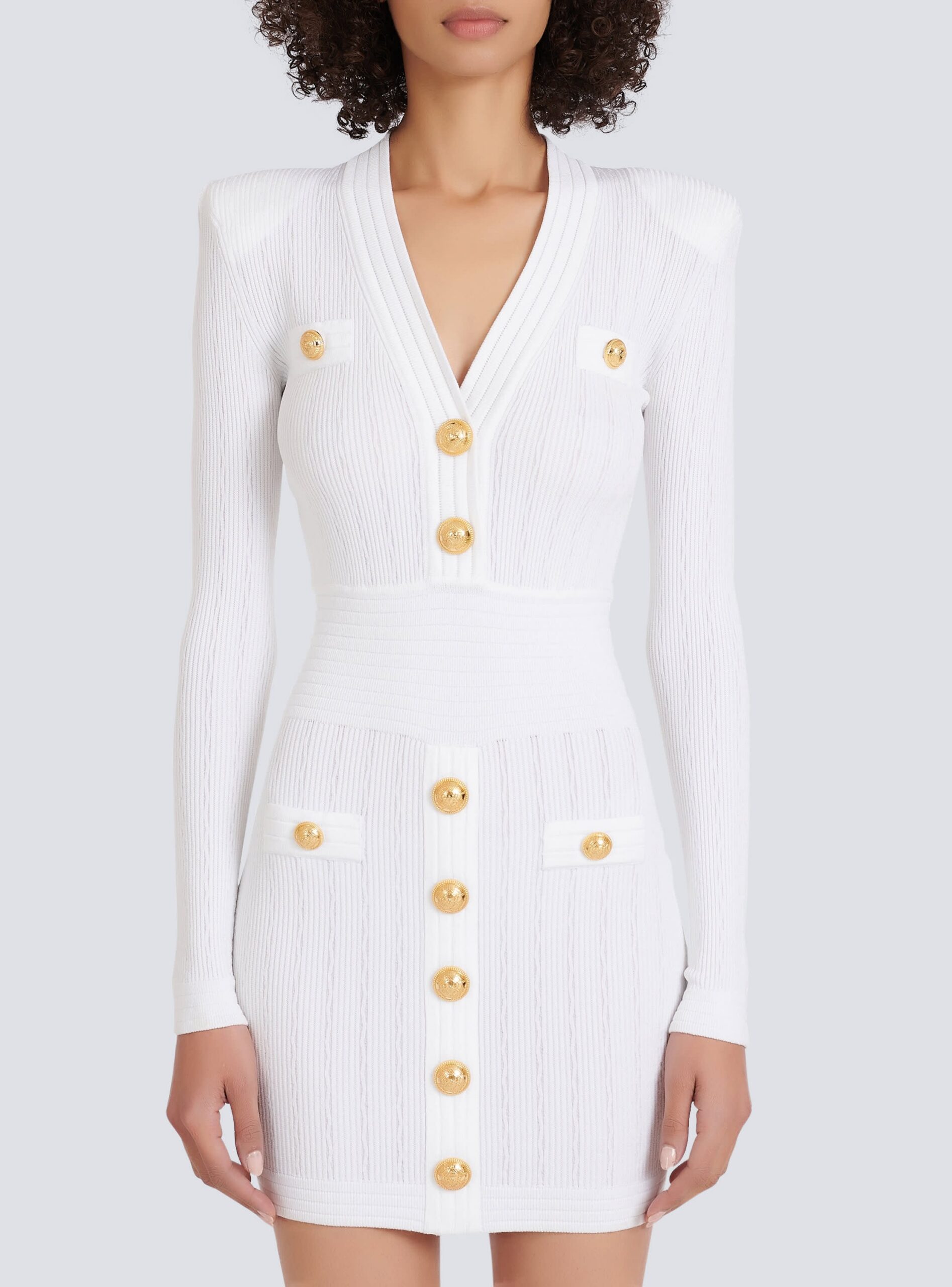 VICKY V-NECK MINI DRESS - WHITE RIBBED, BUTTON DETAIL