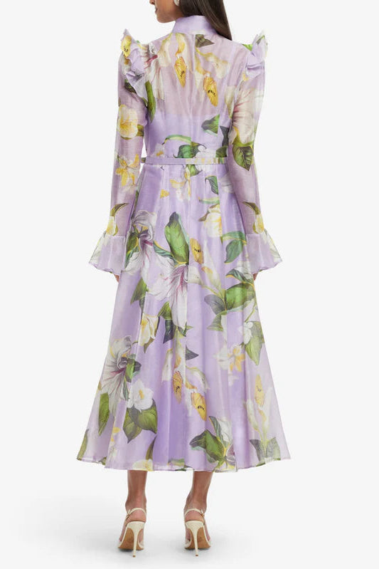 BUTTERFLY SLEEVE LILAC MIDI DRESS, FLORAL PRINT, WEDDING GUEST