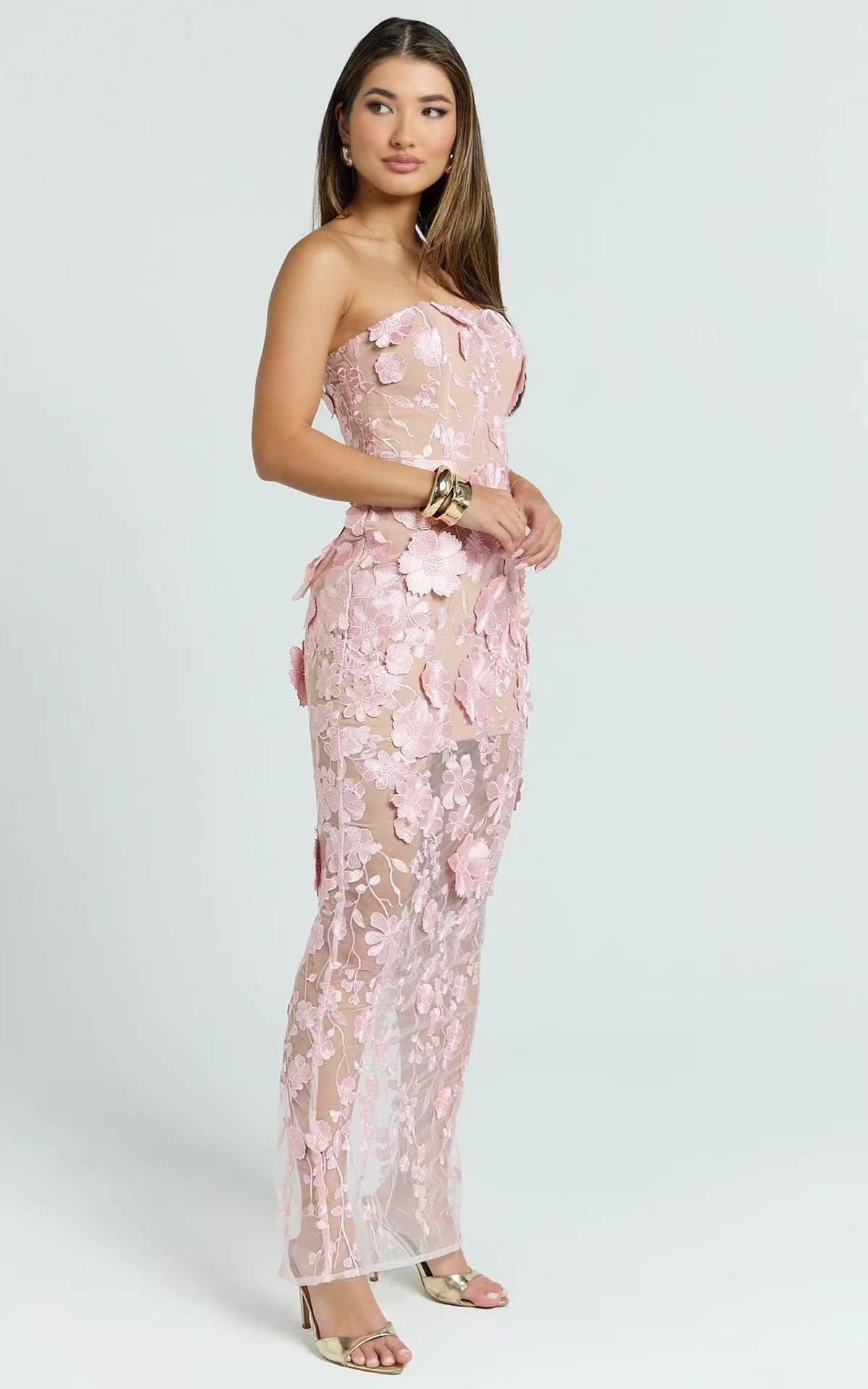 STRAPLESS 3D FLORAL MESH MAXI DRESS FOR WEDDING GUEST