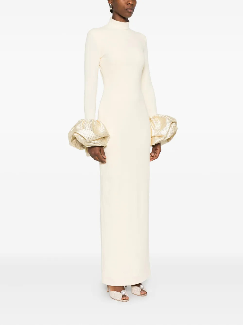 RACHEL WHITE RUFFLED CRYSTAL GOWN | MOCK-NECK EVENING DRESS