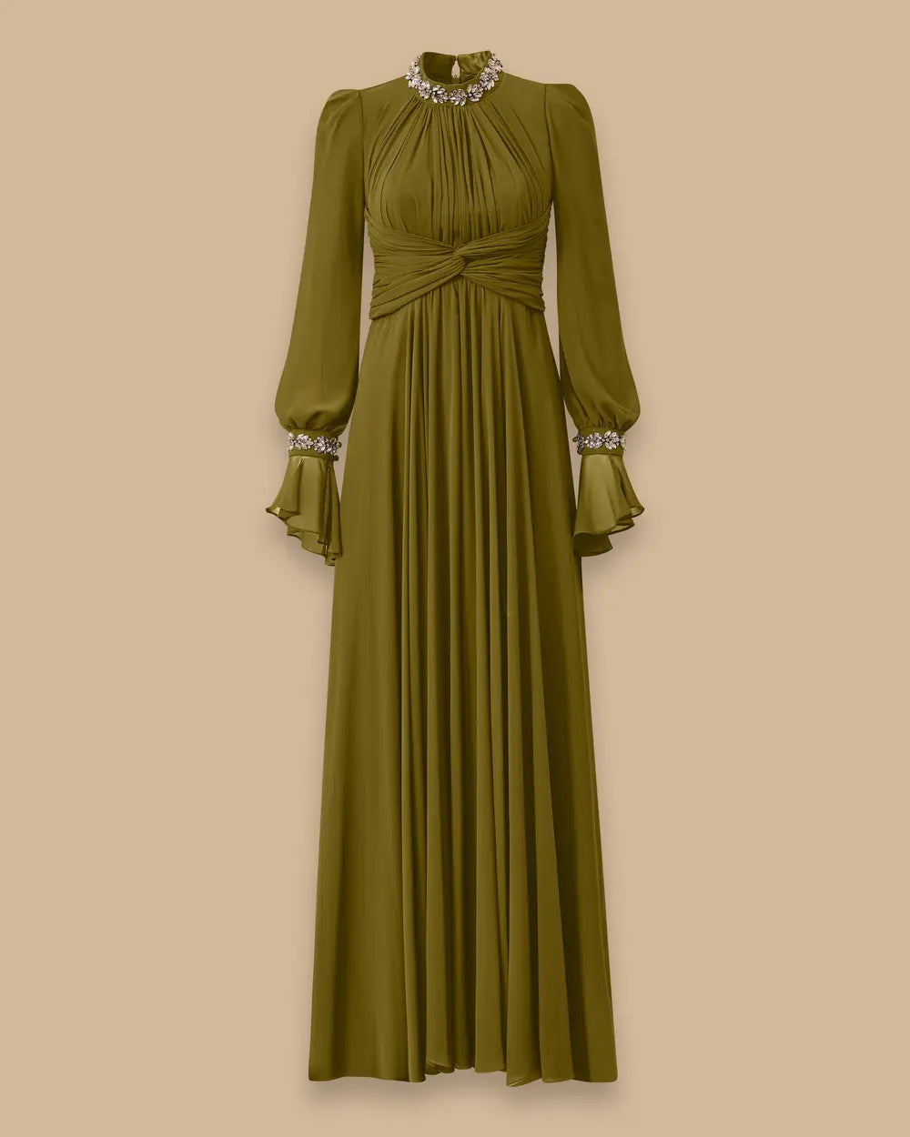 ALYSSA PUFF SLEEVE PLEATED SILK MAXI DRESS IN GREEN