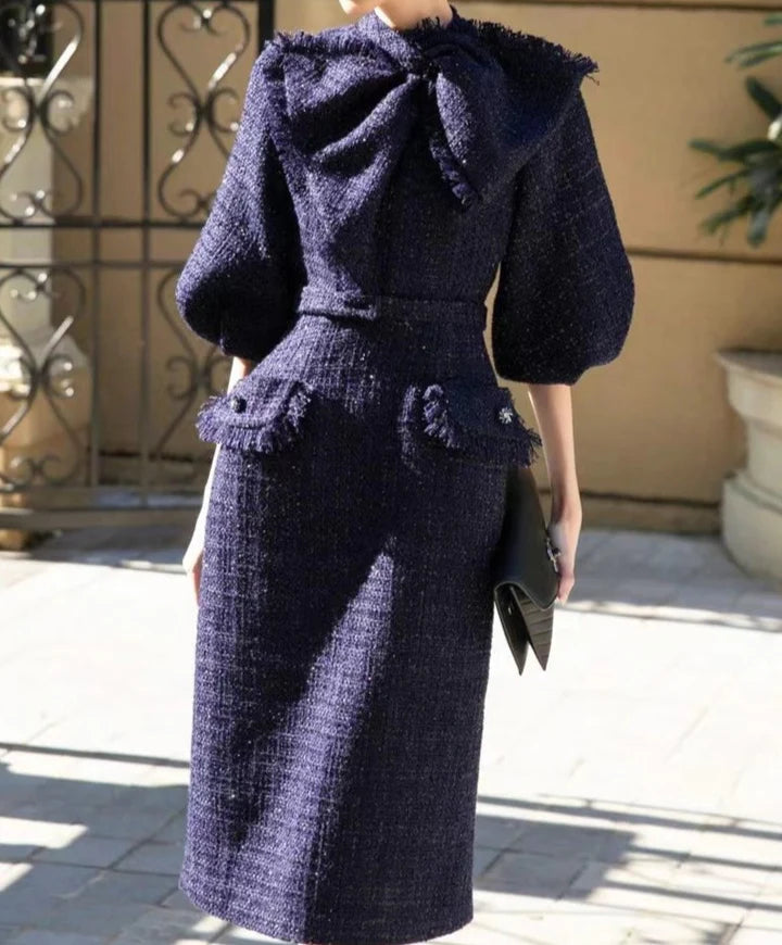 MILDRED TWEED BOW COLLAR MIDI DRESS, DARK BLUE