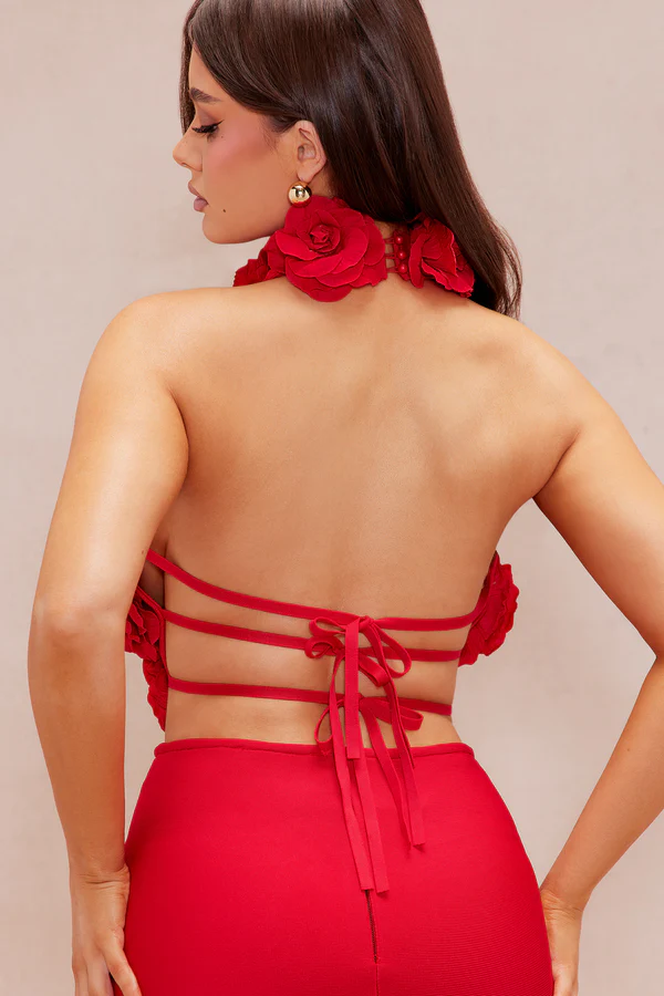 HALTER 3D FLOWER BACKLESS MAXI DRESS RED