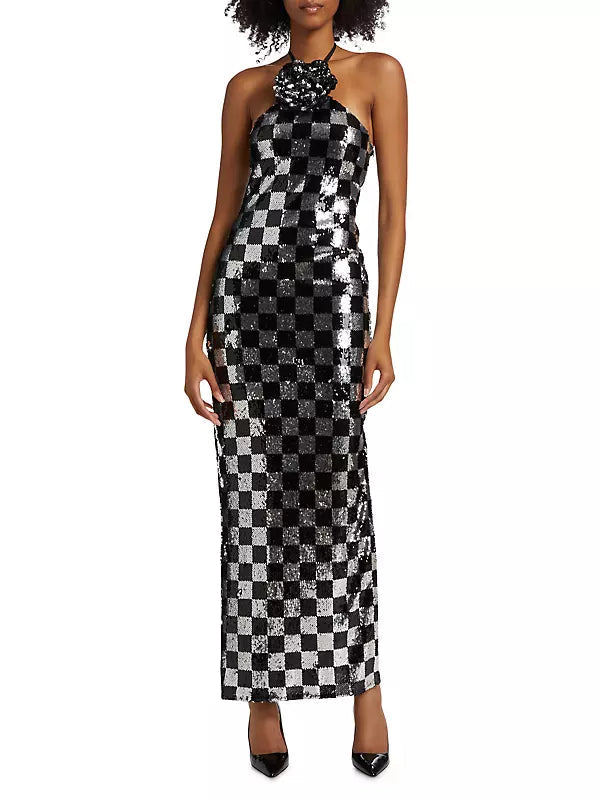 CHECKERBOARD SEQUIN HALTER FLOWER GOWN